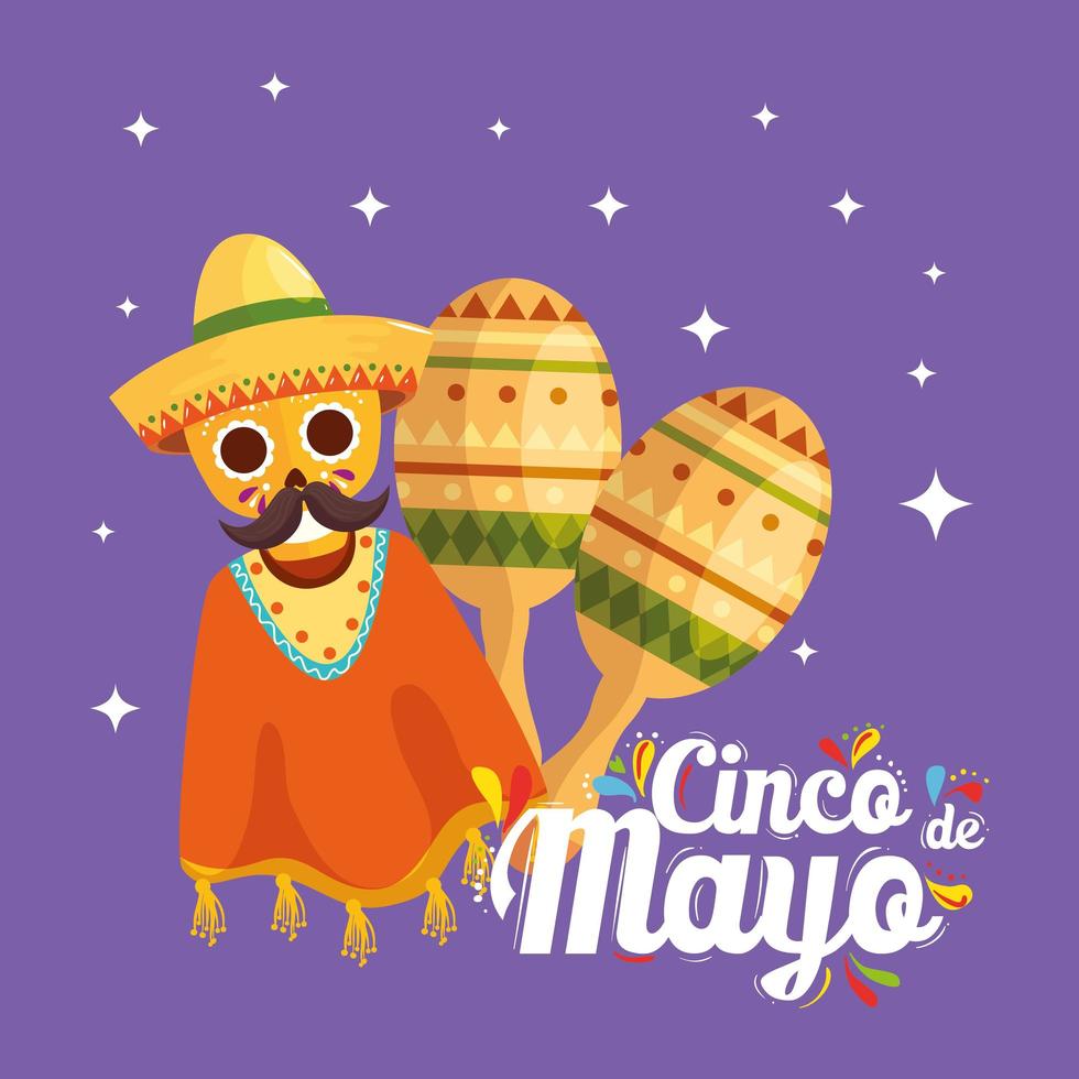 mexikansk skalle med poncho och maracas av cinco de mayo vektordesign vektor