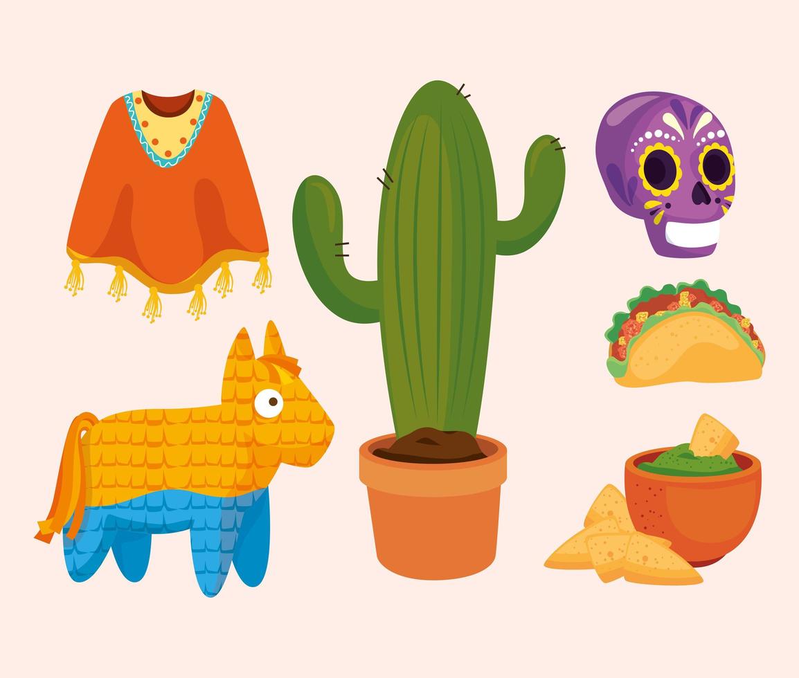 mexikansk kaktus poncho pinata skalle taco skål och nachos vektor design