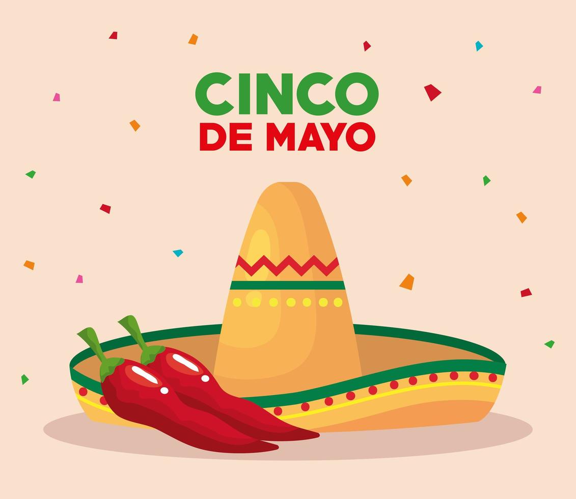 mexikanischer Hut und Chilis von Cinco de Mayo-Vektordesign vektor