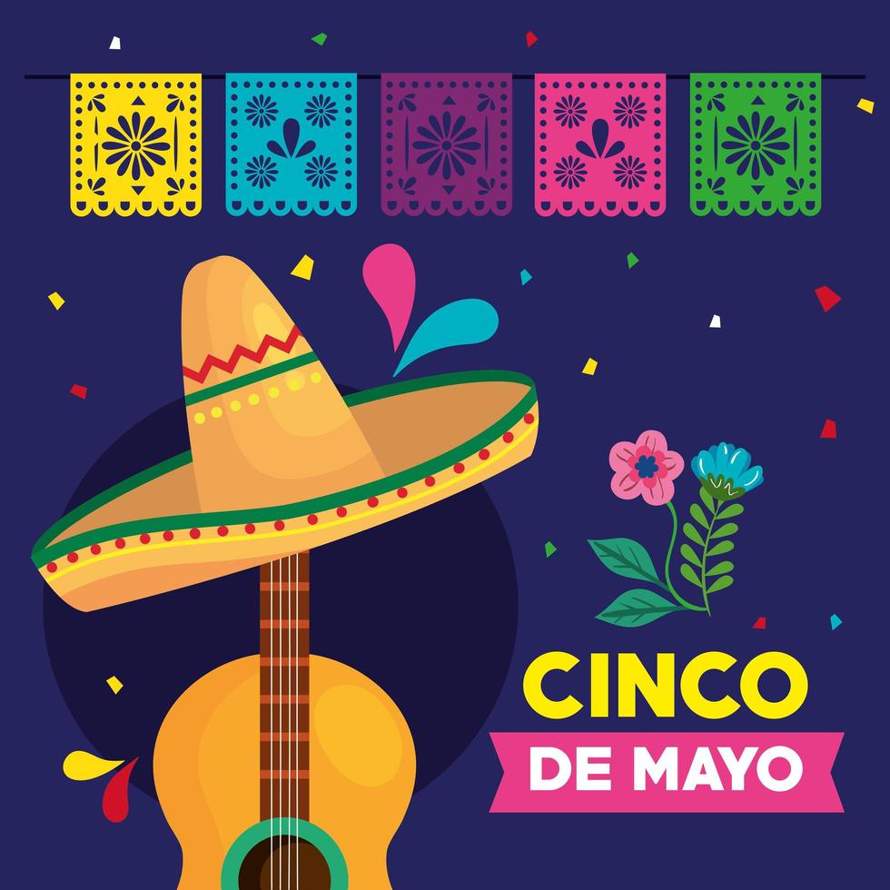 mexikanische Gitarre mit Hut von Cinco de Mayo-Vektordesign vektor