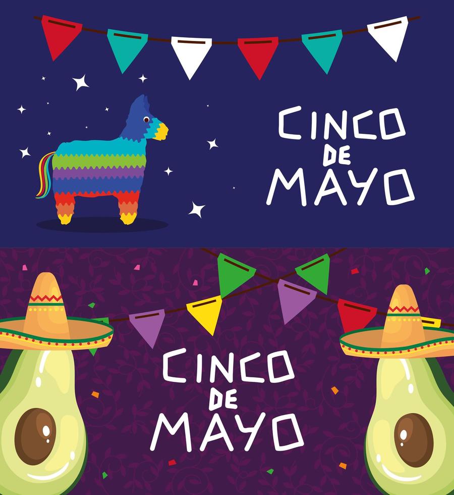 mexikansk pinata och avokado med hattar av cinco de mayo vektordesign vektor