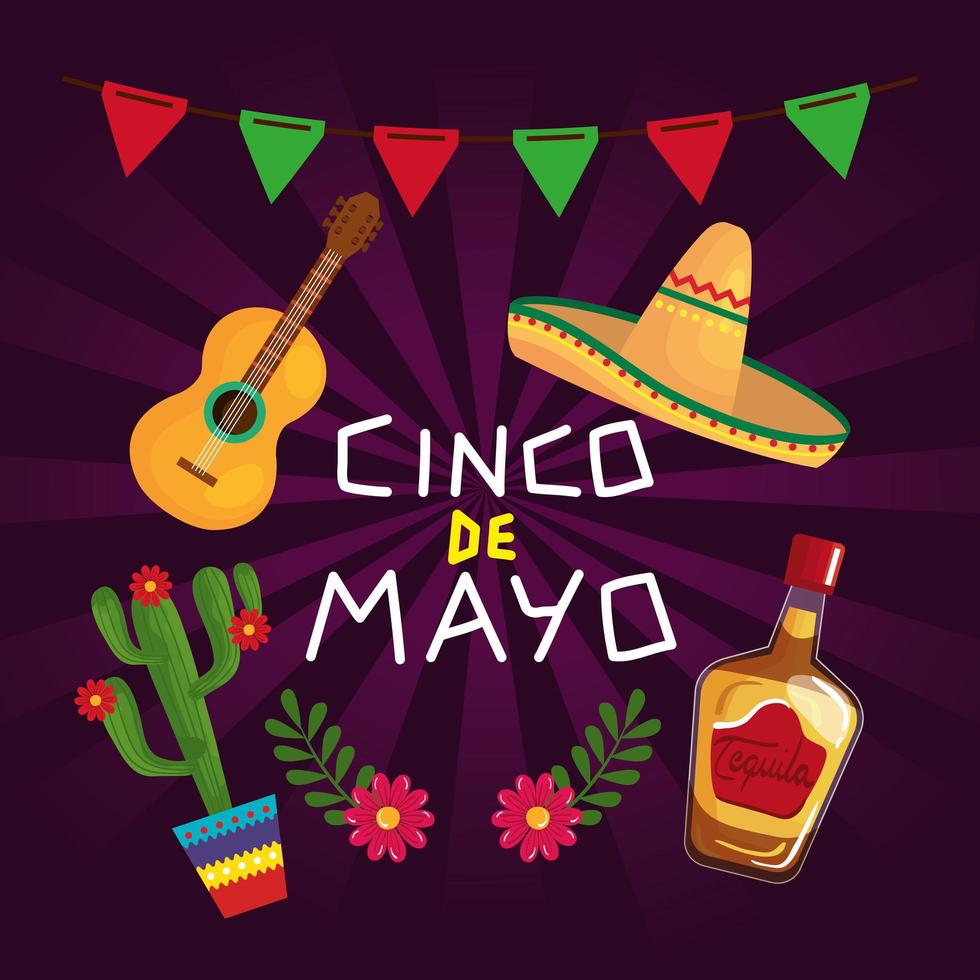 mexikanische Tequila-Flaschenhut-Gitarre und Kaktus von Cinco de Mayo-Vektordesign vektor