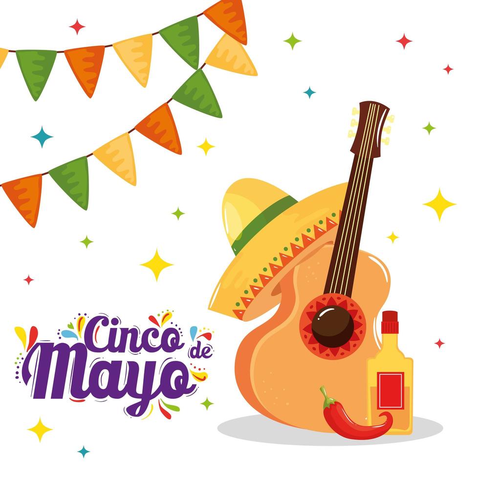 mexikanischer Gitarrenhut Chili und Tequila Flasche Cinco de Mayo Vektordesign vektor