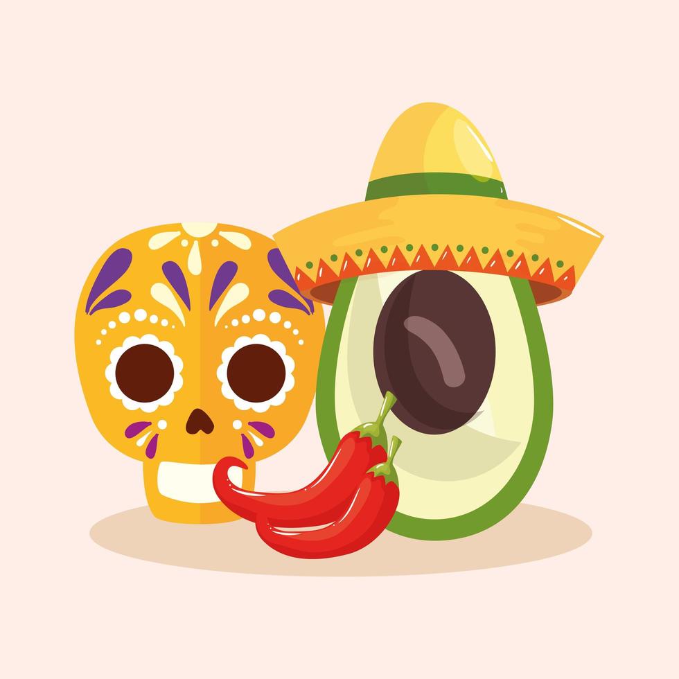 mexikanische Schädelchilis und Avocado mit Hutvektordesign vektor