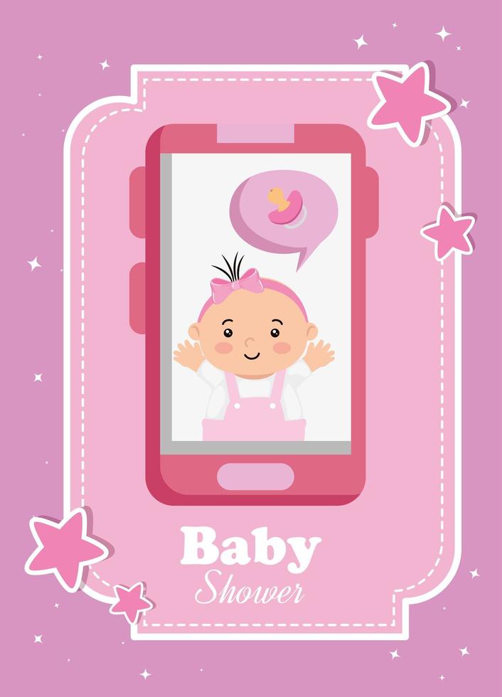 baby shower kort med liten flicka i smartphone vektor