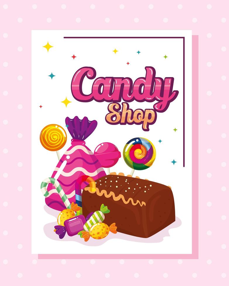 Plakat des Süßwarenladens mit Kuchenschokolade und Bonbons vektor