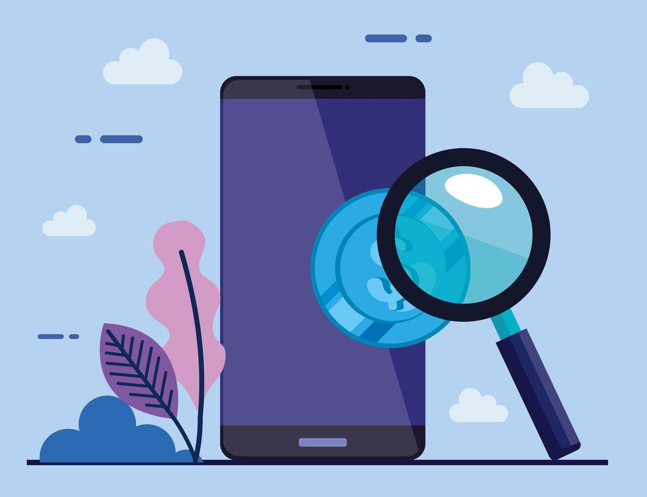 smartphone-enhet med mynt och förstoringsglas vektor