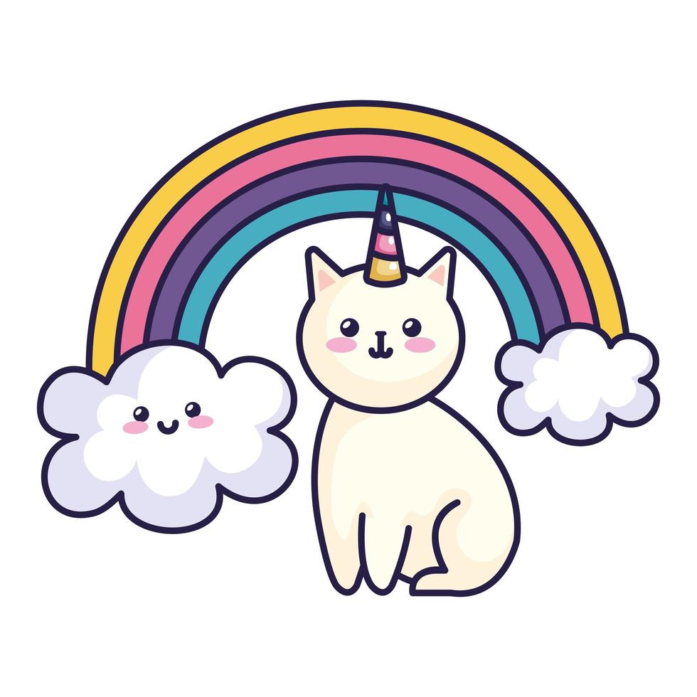 süßes Katzen-Einhorn mit Regenbogen-Kawaii-Stil-Ikone vektor