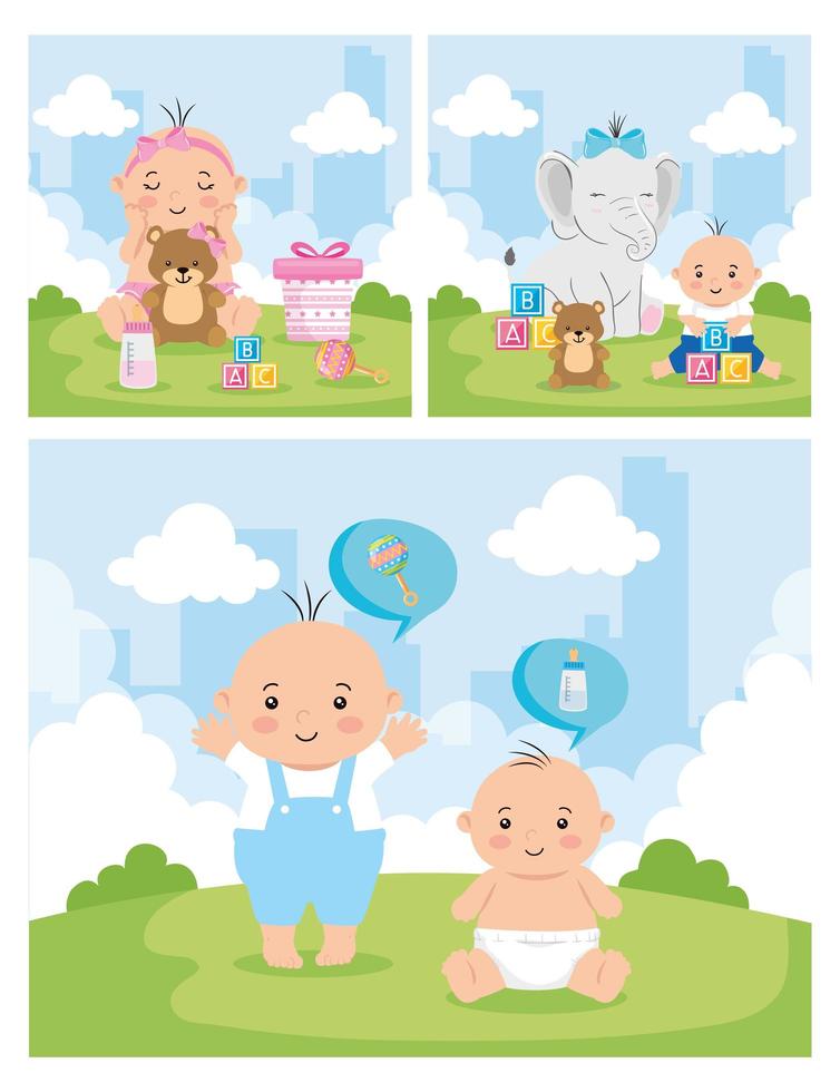 Set Poster von Baby mit süßer Dekoration vektor