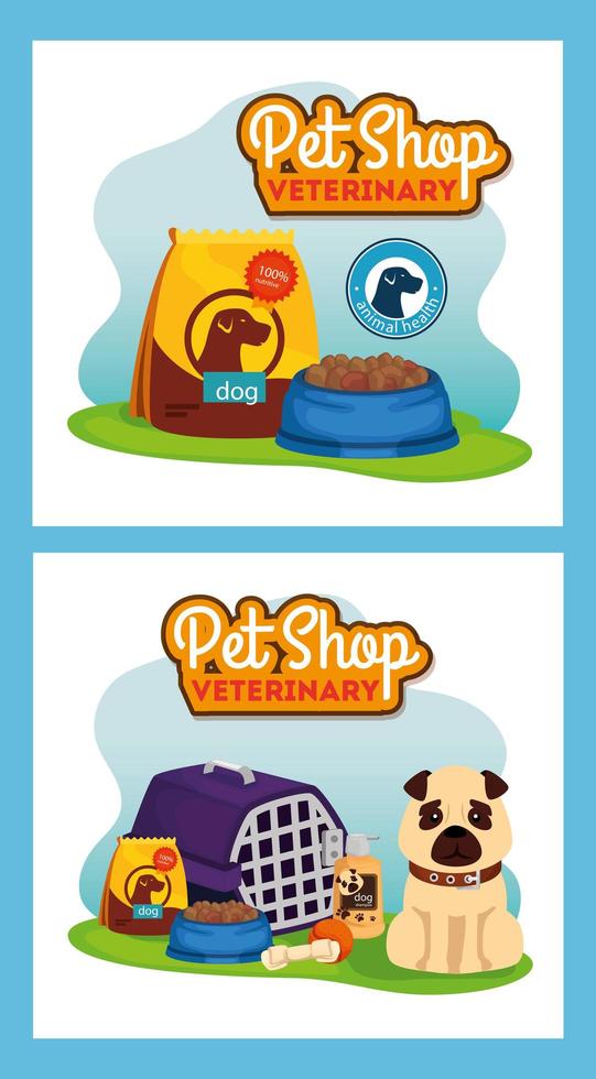 Set Poster Tierhandlung Veterinär mit Symbolen vektor