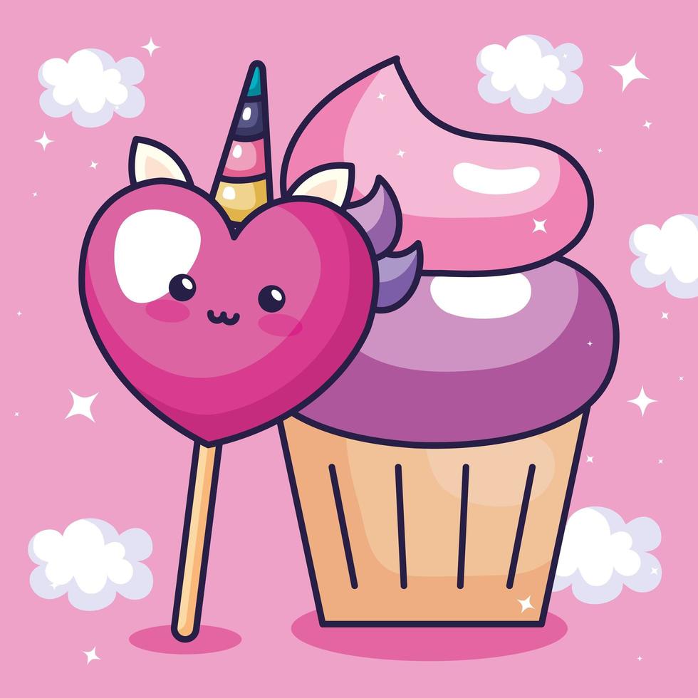 süßes Herz-Einhorn im Kawaii-Stil mit Cupcake vektor