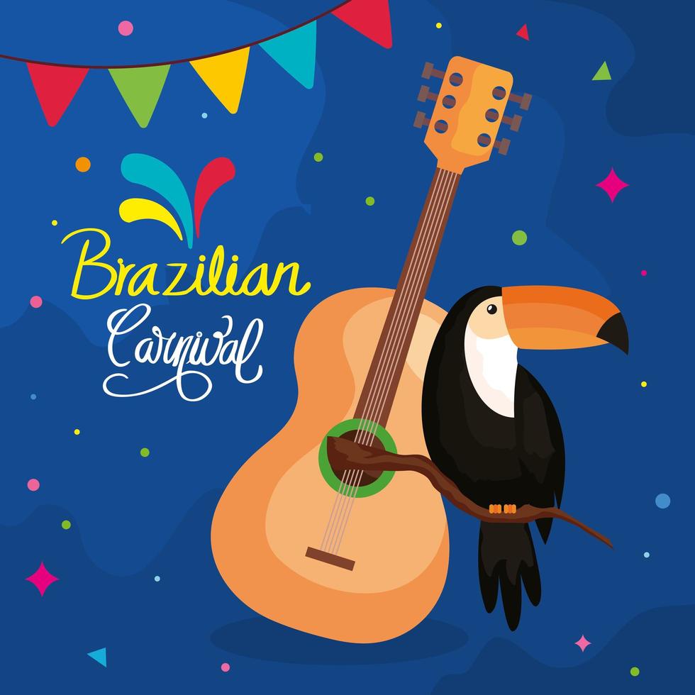 Plakat des brasilianischen Karnevals mit Tukan und Gitarre vektor