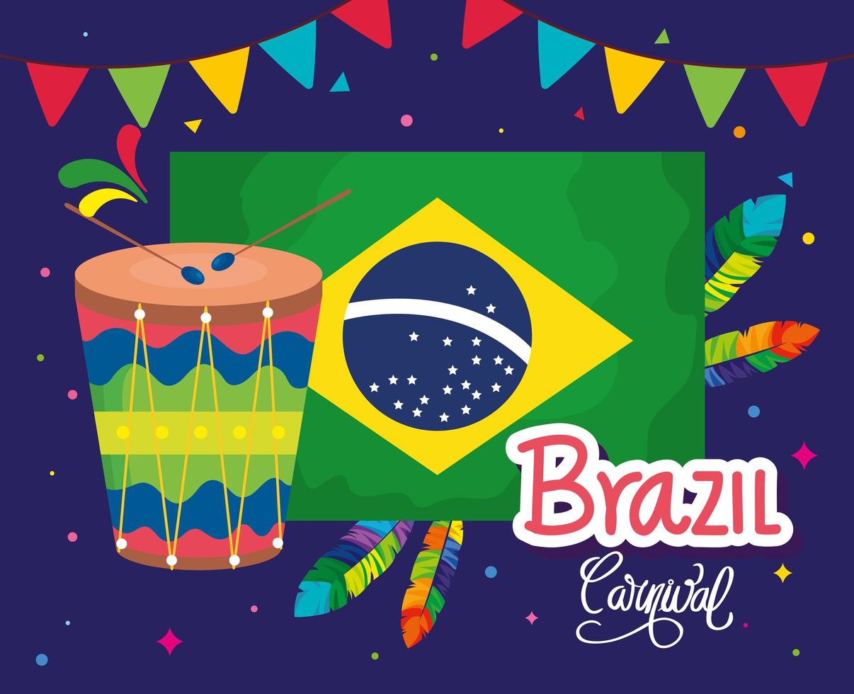Plakat des brasilianischen Karnevals mit traditioneller Flagge und Symbolen vektor