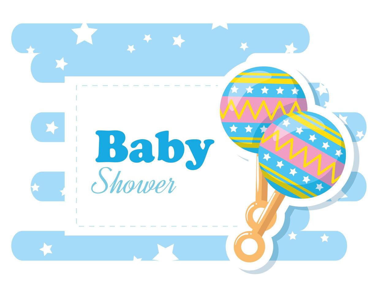 baby shower kort med skallerleksak och dekoration vektor
