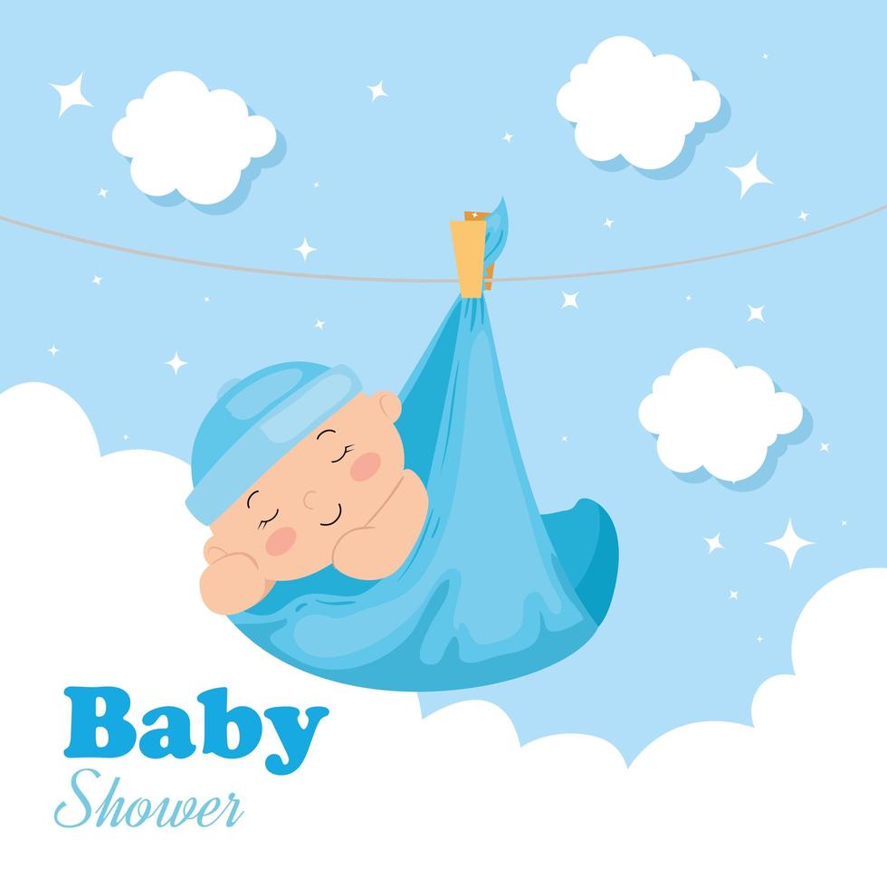 baby shower kort med pojke och dekoration vektor