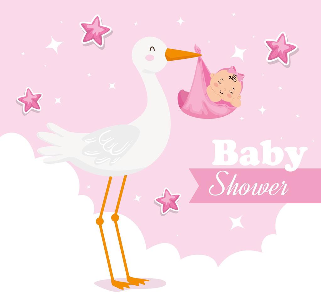 Babypartykarte mit Storch und Dekoration vektor