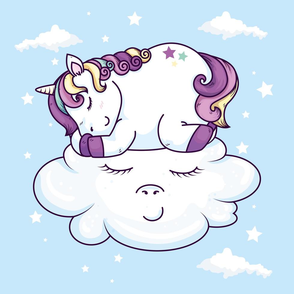 süßes Einhorn, das im Wolken-Kawaii-Stil schläft vektor