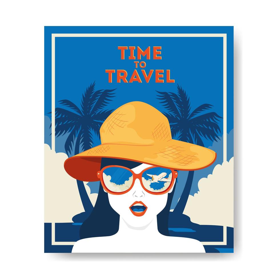 Zeitreiseplakat mit Frau und Palmen vektor