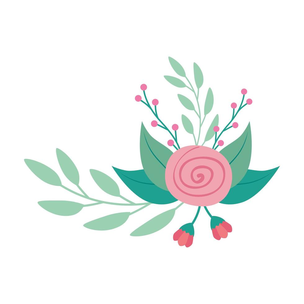 söt ros blomma med grenar och löv isolerade ikon vektor