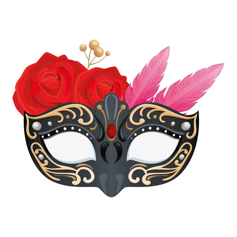 elegant mask med fjädrar och rosor blommor vektor