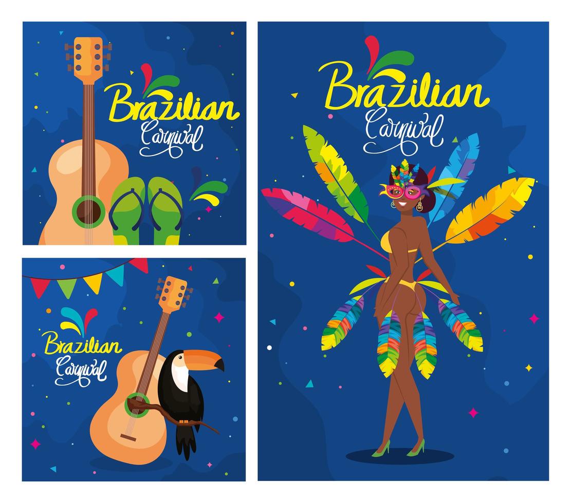 Set von Plakaten Karneval Brasilien mit Dekoration vektor