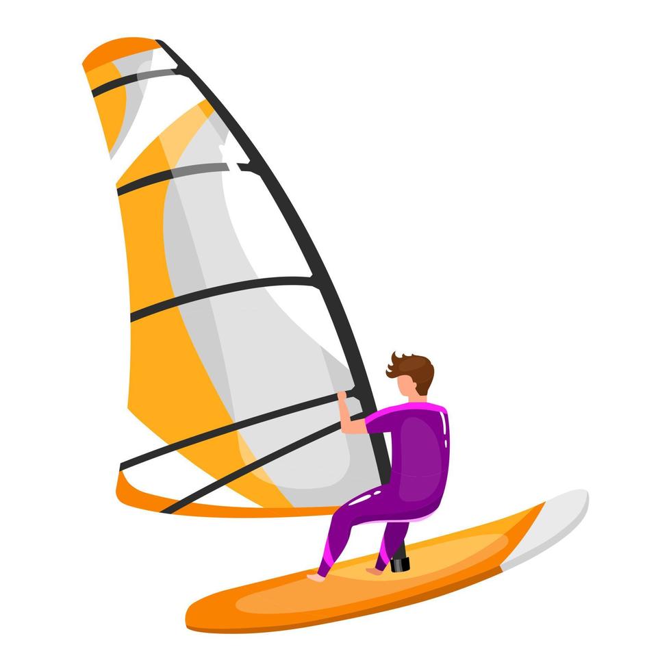 Windsurfen flache Vektor-Illustration. Extremsport-Erfahrung. Sommeraktivitäten im Freien. Mann balanciert auf Surfbrett. Sportler isolierte Zeichentrickfigur auf weißem Hintergrund vektor