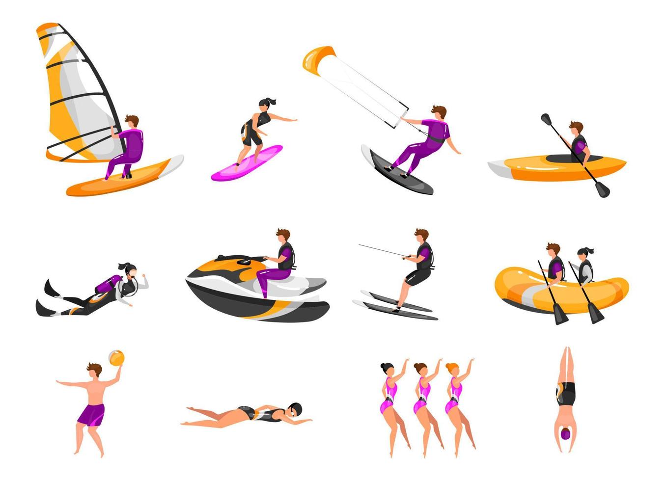 extrem vattensport platt vektorillustrationer set. surfing, kanot, kajakpaddling. dykning. vattenskidåkare. synkronsimidrottare. idrottsmän isolerade seriefigurer vektor