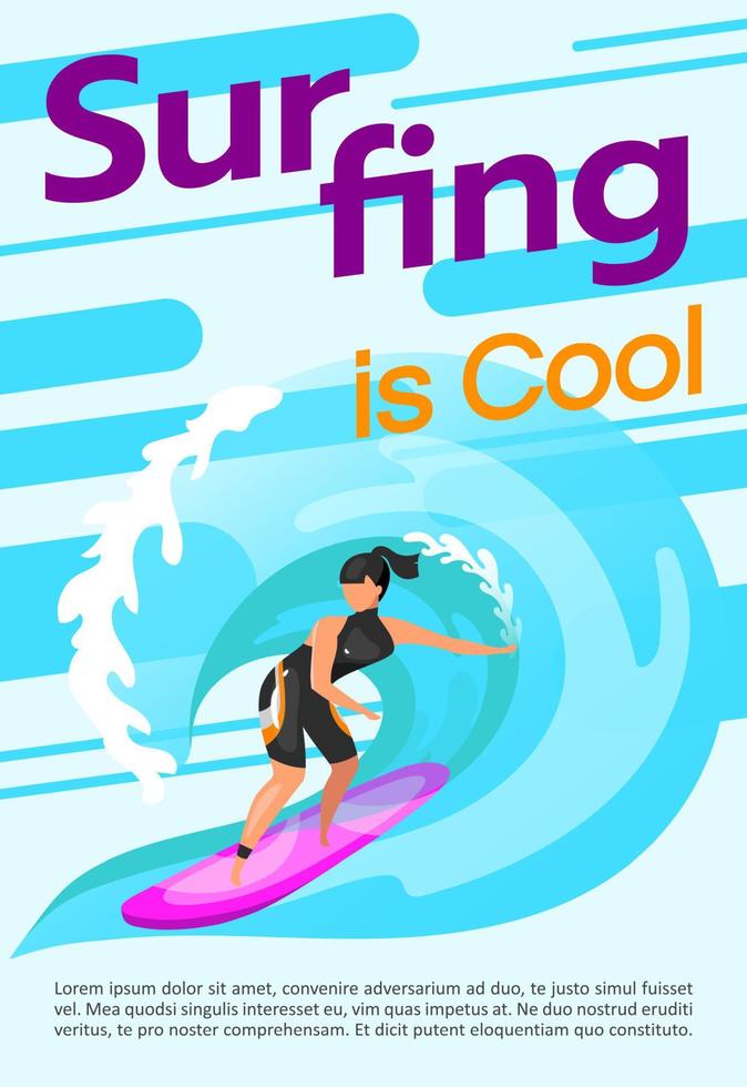 Surfen ist eine coole Poster-Vektor-Vorlage. Wassersport. Broschüre, Cover, Broschürenseitenkonzeptdesign mit flachen Illustrationen. Extremsport. Werbeflyer, Flyer, Banner-Layout-Idee vektor