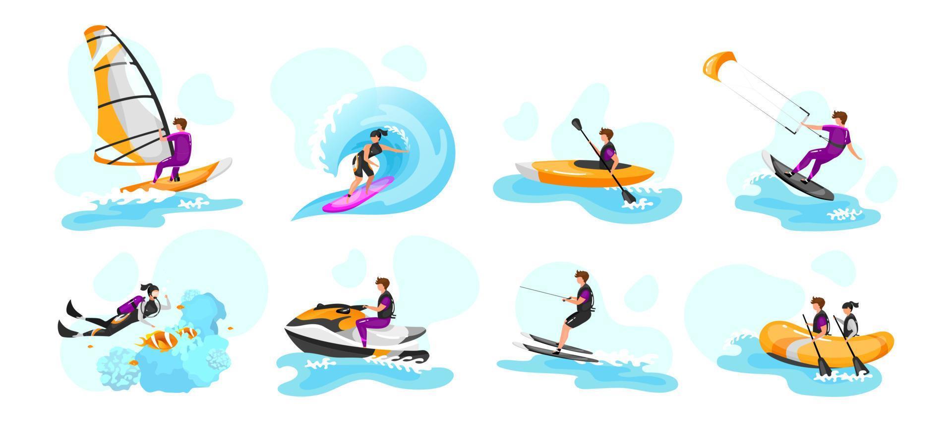 extrem vattensport platt vektorillustrationer set. surfing, paddling, kajakpaddling. dykning. vattenskidåkning idrottsman. kitesurfing idrottsman. par på båt. idrottare isolerade seriefigurer vektor