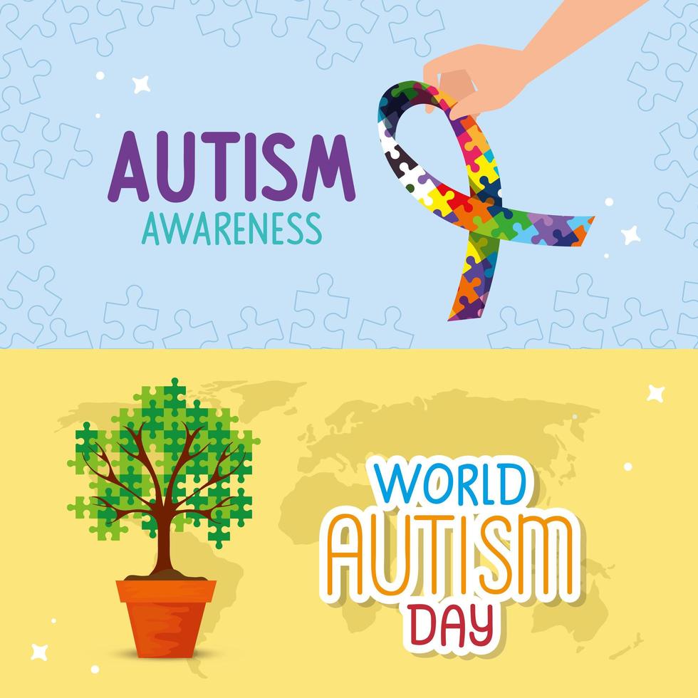 Ställ in affisch av världens autismdag med dekoration vektor
