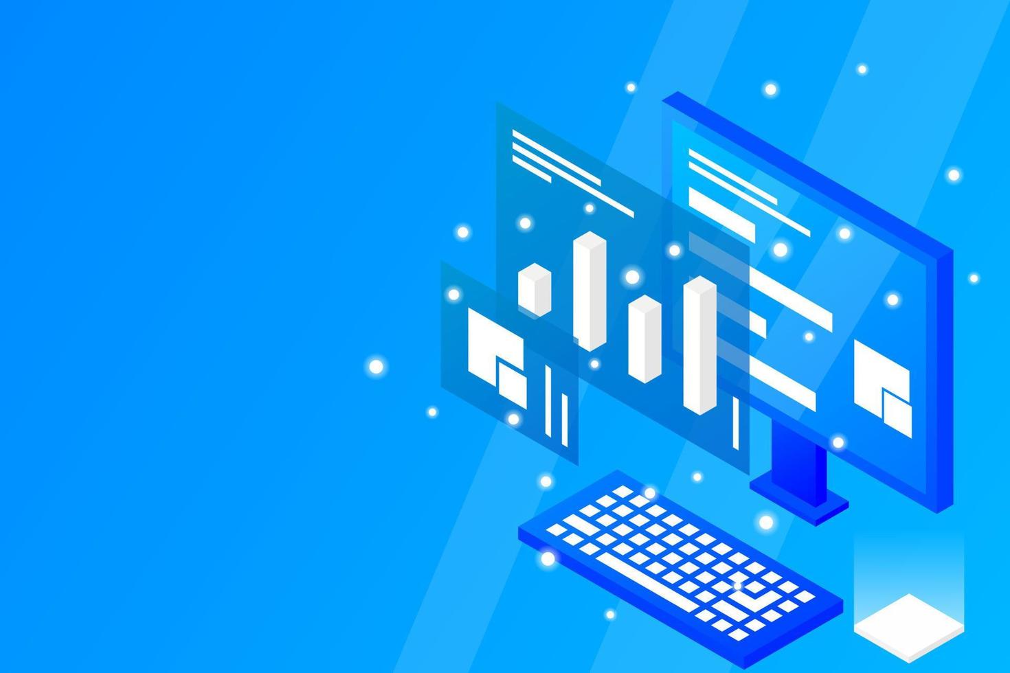 Datenanalyse im isometrischen Vektordesign. Techniker im Rechenzentrums- oder Rechenzentrumsraumhintergrund. Website-Layout der Netzwerk-Mainframe-Infrastruktur vektor