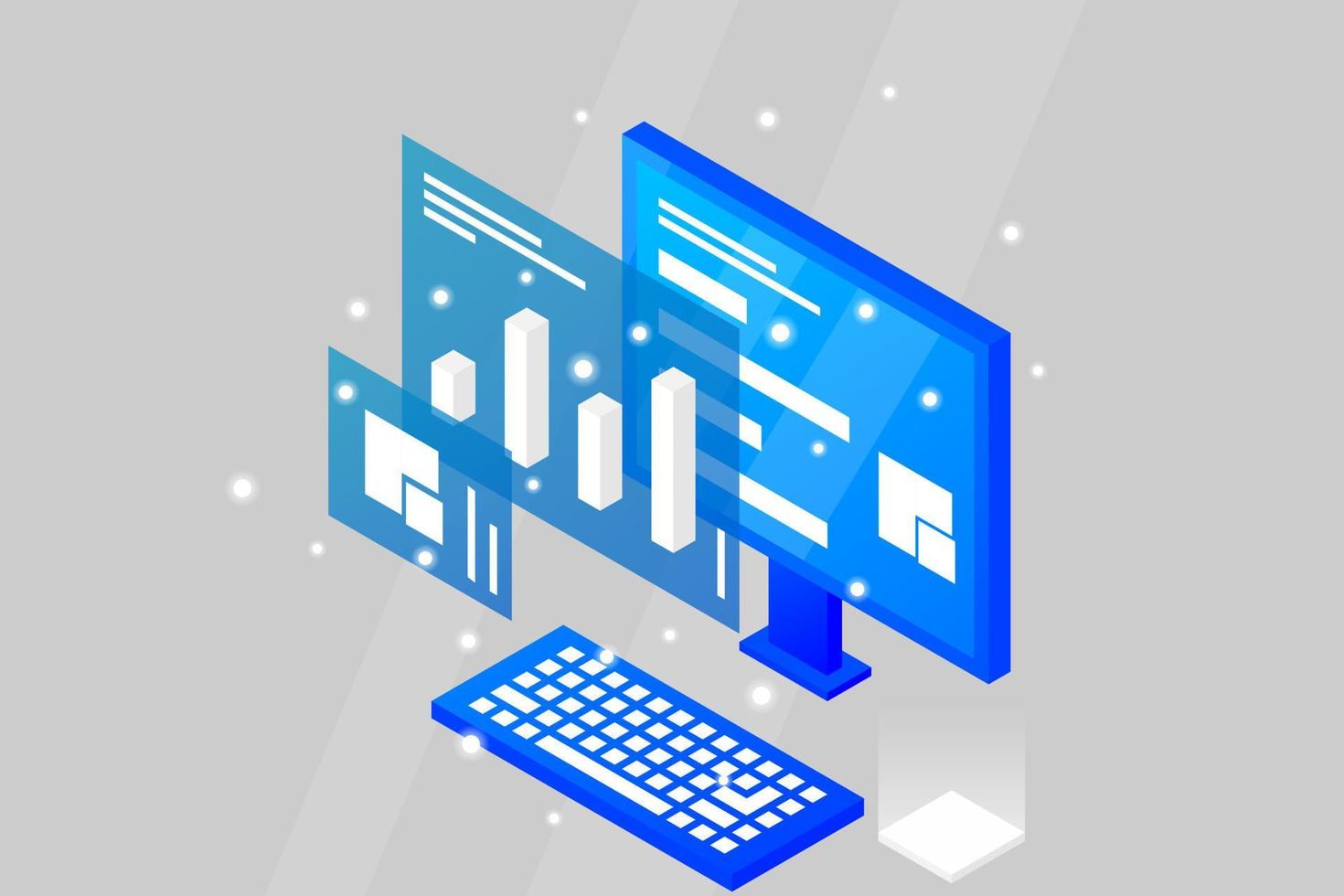 dataanalys i isometrisk vektordesign. tekniker i datacenter eller datacenterrumsbakgrund. nätverk stordator infrastruktur webbplats layout vektor