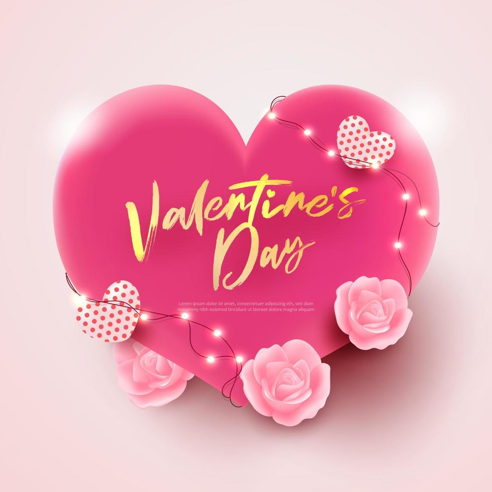 Happy Valentinstag Verkaufsposter oder Banner mit glänzendem süßem Herzen, Rosenblüten, Licht, Schriftzug und schönen Elementen auf rosa Hintergrund vektor