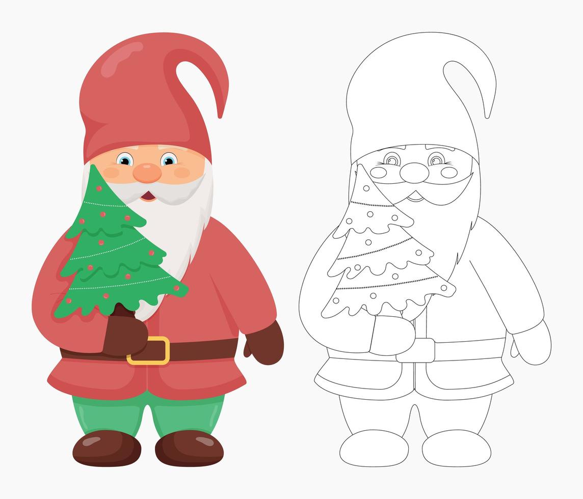 söt liten tomte med en julgran i händerna. jul och nyår karaktär. gnome i färg och kontur vektor