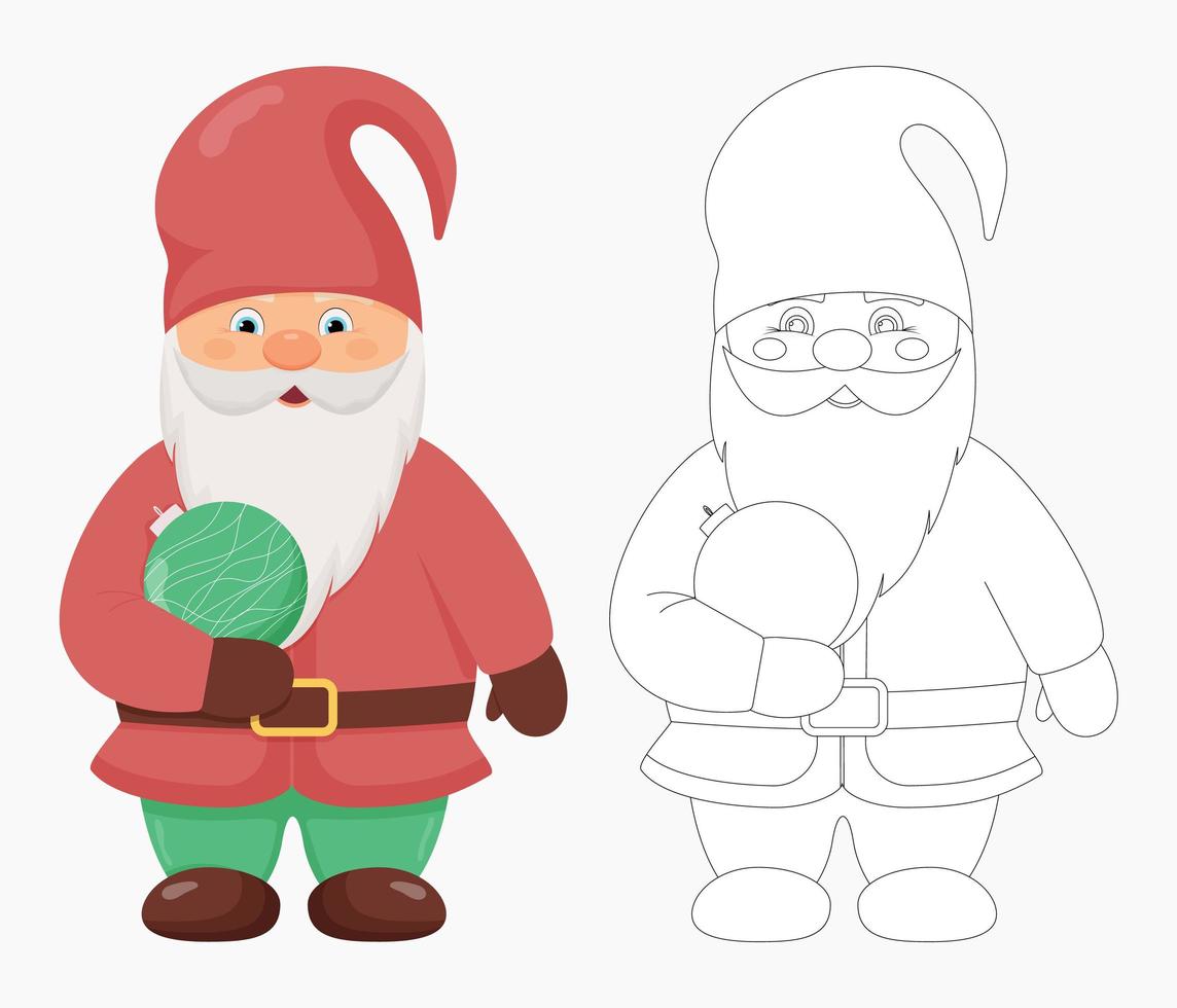 söt liten tomte med en julkula i händerna. jul och nyår karaktär. gnome i färg och kontur vektor