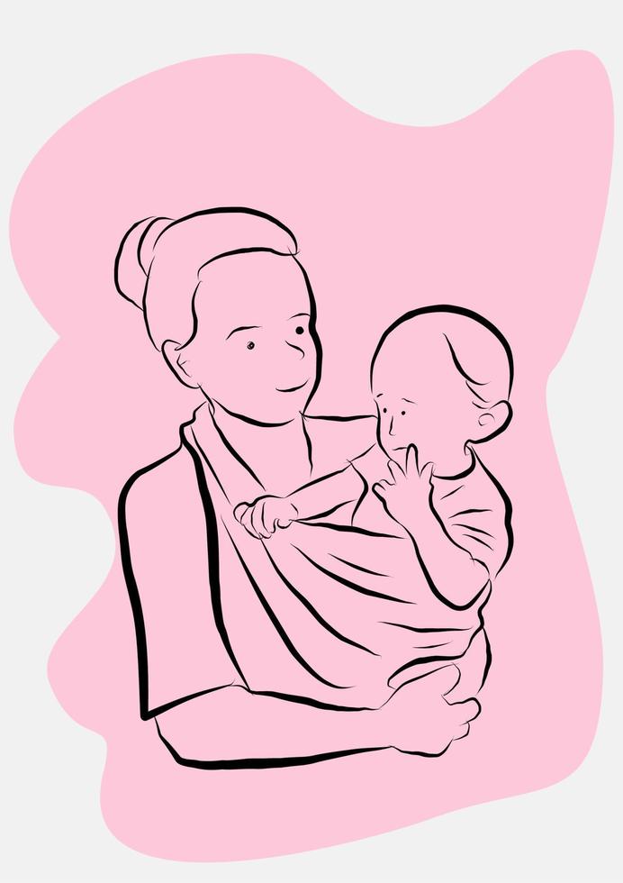 en mamma som håller i sitt barn. handritad i tunn linje stil, vektorillustration. vektor