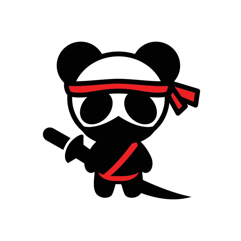 ninja panda seriefigur i svart vit bakgrund, vektor logotyp formgivningsmall