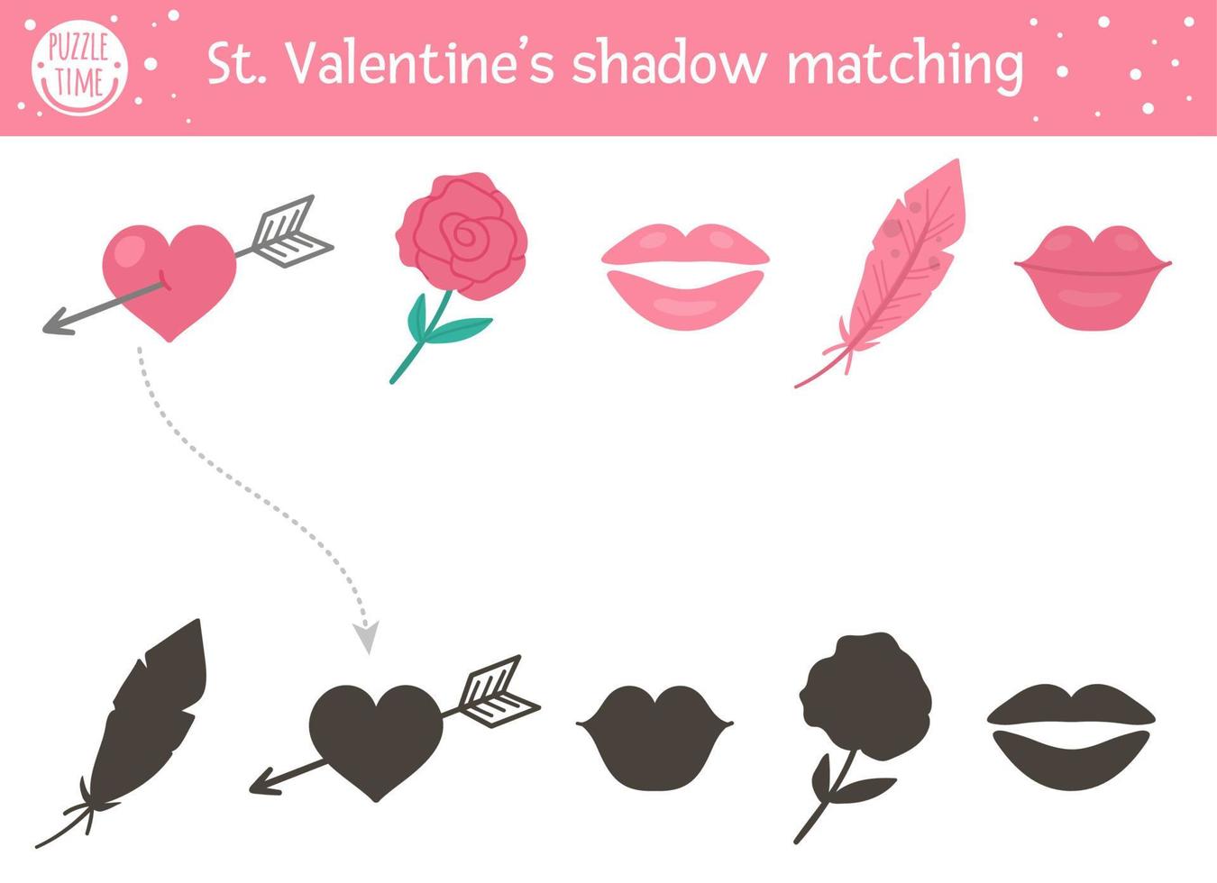 Valentinstag-Schatten-Matching-Aktivität für Kinder. lustiges Puzzle mit süßen Urlaubssymbolen. Lernspiel für Kinder mit Liebesthema. Finden Sie das richtige Arbeitsblatt zum Ausdrucken der Silhouette. vektor