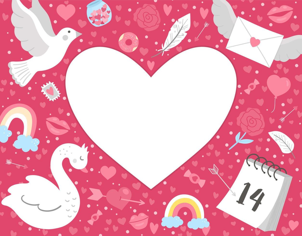 Valentinstag Grußkartenvorlage mit süßer Taube, Schwan, Brief, Kalender. Liebesurlaubsplakat oder -einladung für Kinder mit Platz für Text in Herzform. leuchtend rosa Rahmenillustration vektor