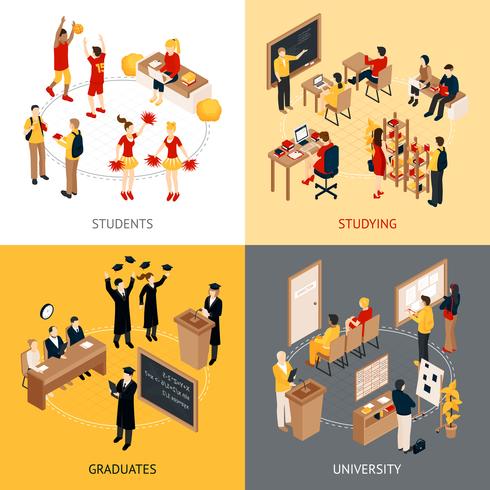 College och University Isometric 2x2 Ikoner Set vektor