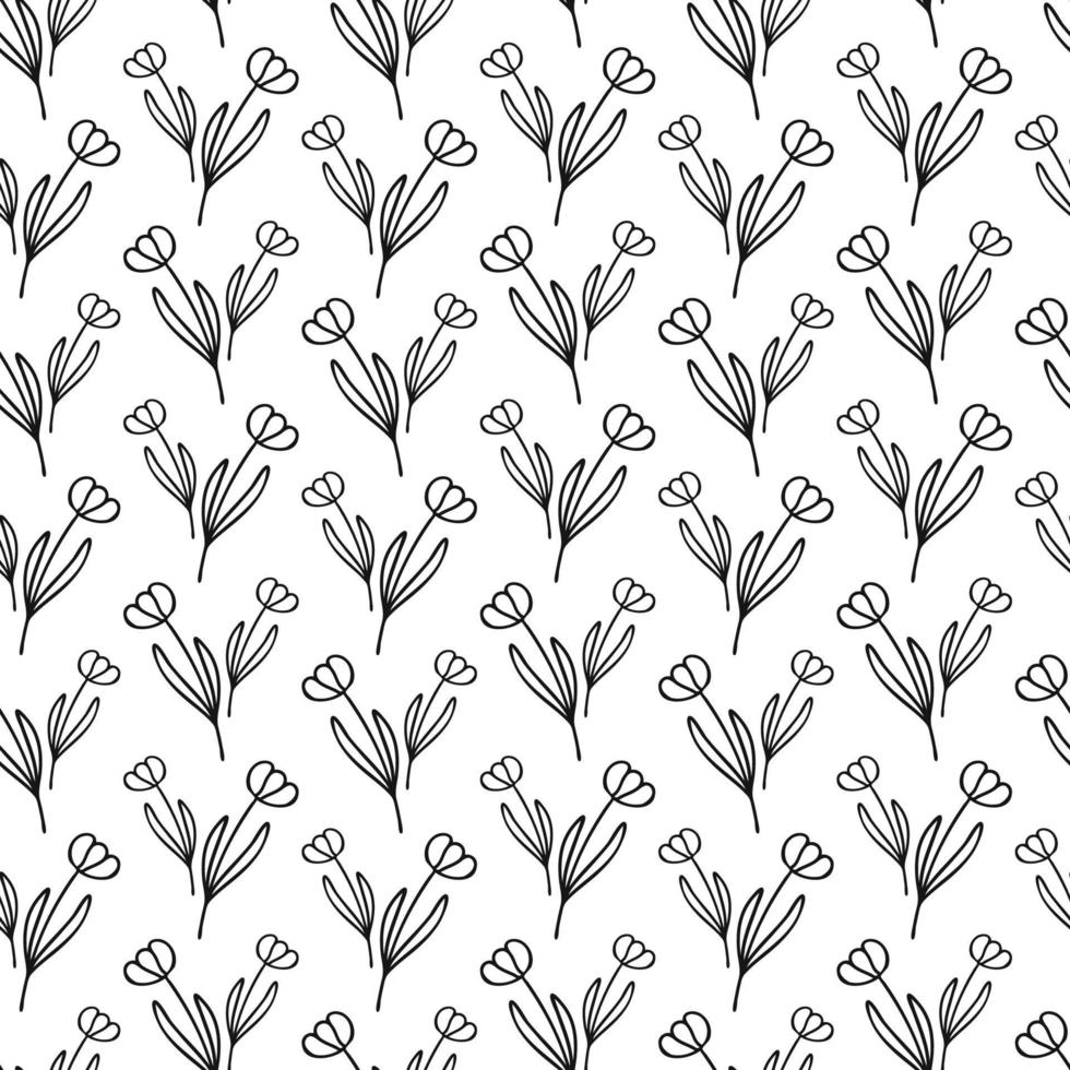 einfaches nahtloses muster mit botanischen floralen handgezeichneten lineart-elementen der tulpenblume, monochrom schwarz und weiß vektor