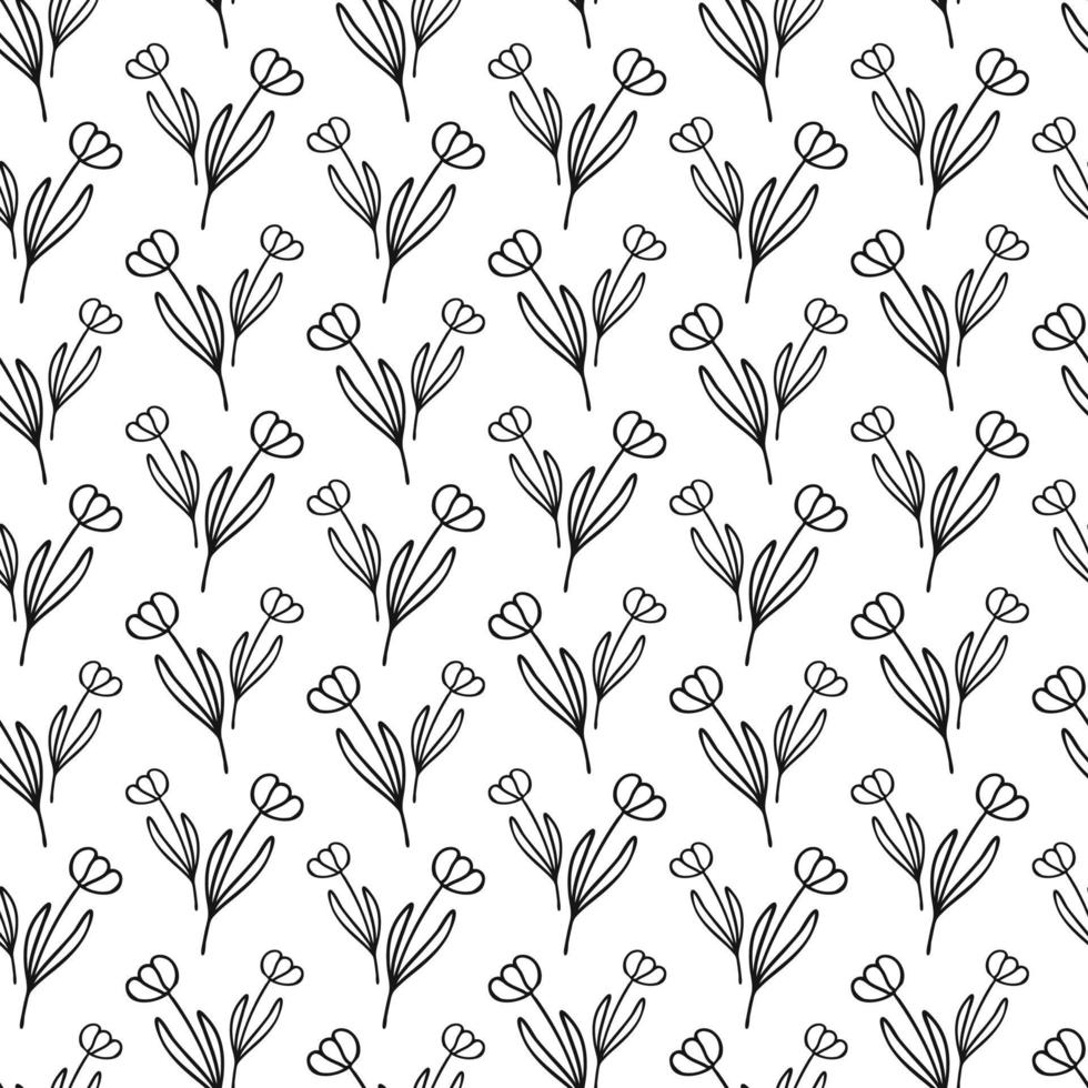 enkelt sömlöst mönster med tulpanblomma botaniska blommiga handritade lineartelement, monokroma svartvita vektor