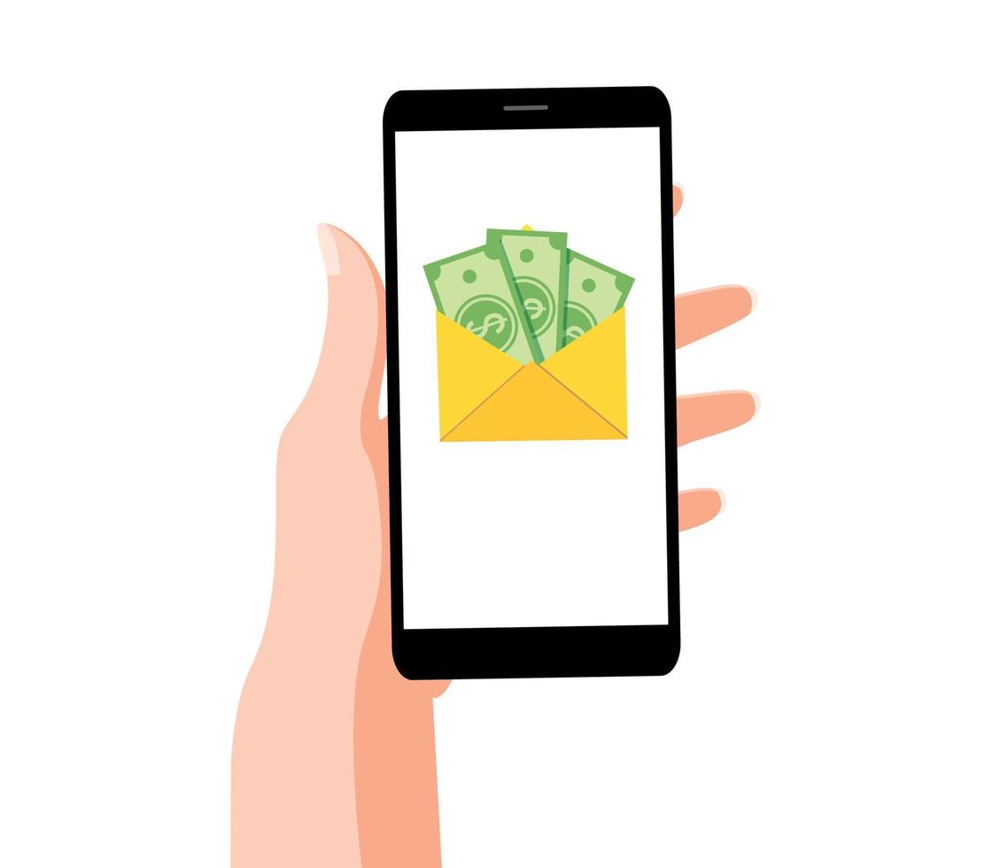 weibliche Hand, die ein Mobiltelefon mit einem Umschlagsymbol mit Geld auf dem Bildschirm hält. E-Mail-Anwendung auf Smartphone, neue Nachricht. Vektor-Illustration im Cartoon-Stil. vektor