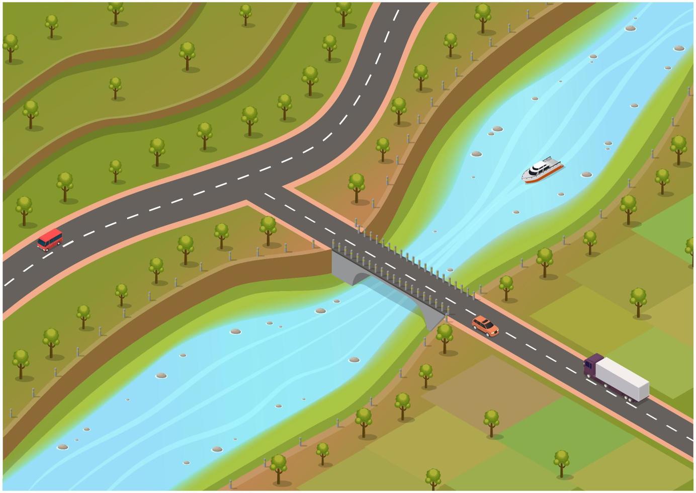 isometrisk miljö med floder och vägar vektor