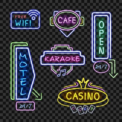 Neon Signboards Realistic Night Collection Transparent vektor