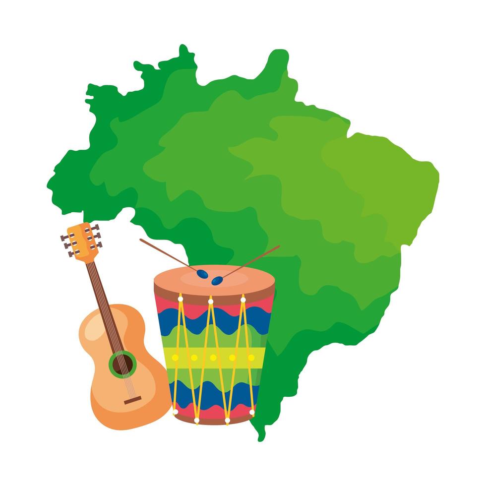 trumma och gitarr med karta över Brasilien vektor