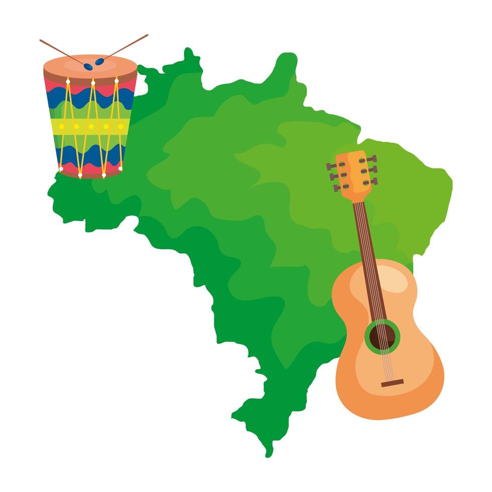 Gitarre und Schlagzeug mit Karte von Brasilien isolierte Symbol vektor