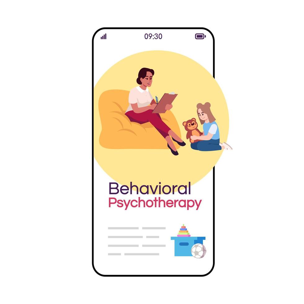Verhaltenspsychotherapie-Cartoon-Smartphone-Vektor-App-Bildschirm. Kindertherapie. Psychoanalyse. Handy-Display mit flachem Charakter-Design-Mockup. Anwendung Telefon süße Schnittstelle vektor