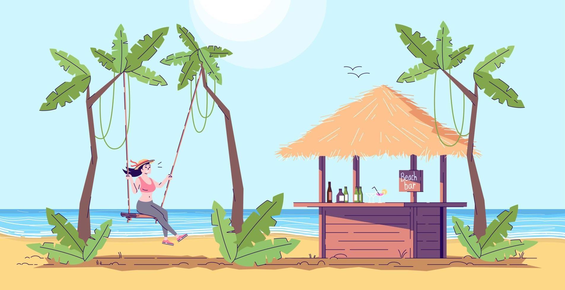 kvinna på swing platt doodle illustration. turist bredvid strandbaren. flicka ha kul på stranden. exotiskt land. havet. indonesien turism 2d seriefigur med kontur för kommersiellt bruk vektor