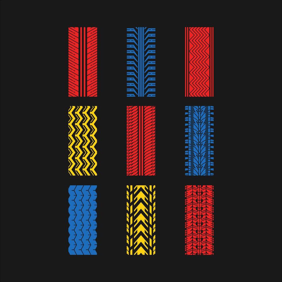 Spurspuren RGB-Farbsymbole gesetzt. detaillierte Auto-, Motorrad-, Fahrradreifenspuren. Auto Sommer- und Winterradspur. Fahrzeugreifenspur. isolierte Vektorgrafiken auf schwarzem Hintergrund vektor